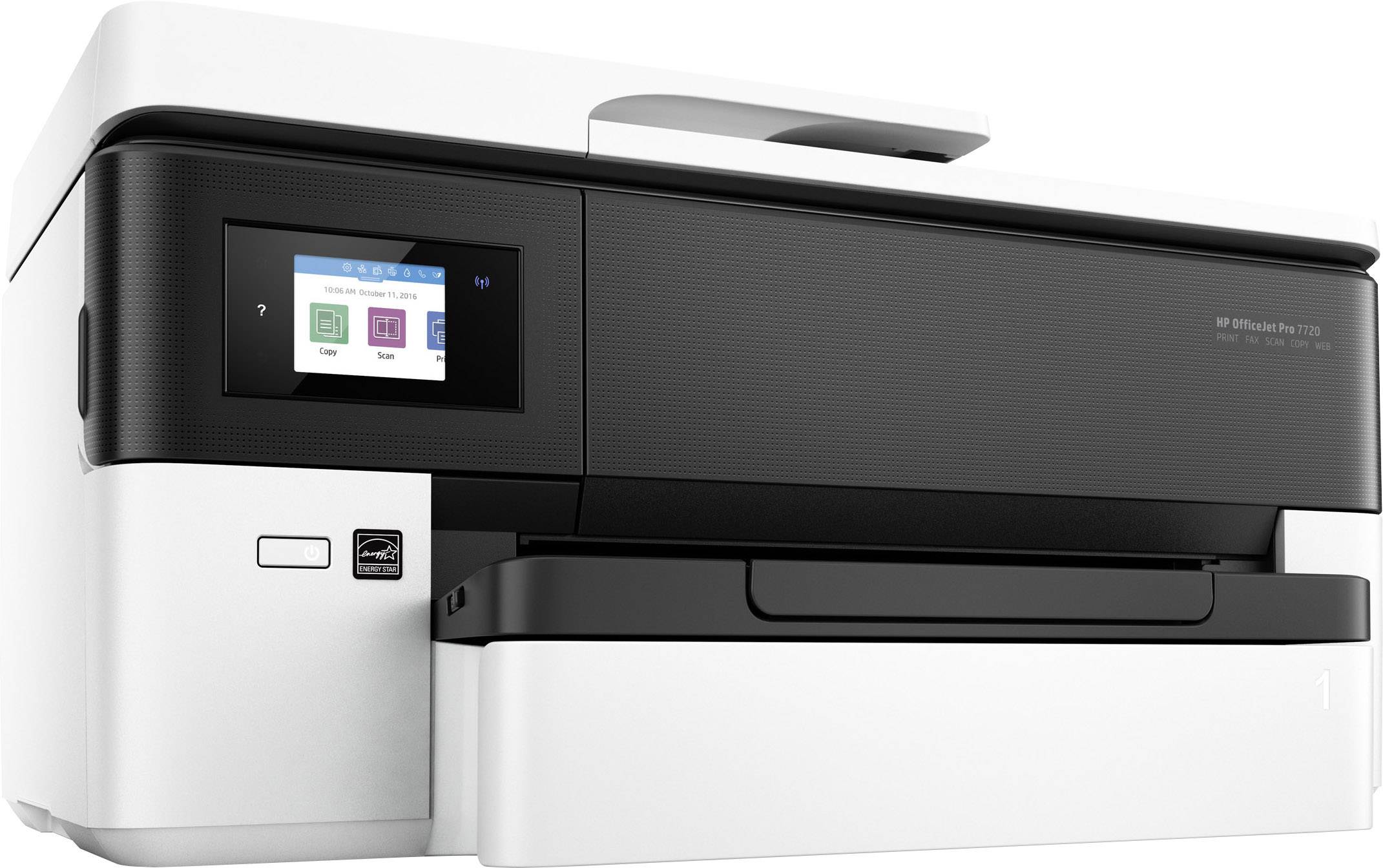 Ein moderner, weißer Drucker mit Touchscreen-Display, zeigt Druck-, Kopier- und Scan-Optionen; geeignet für Büros.