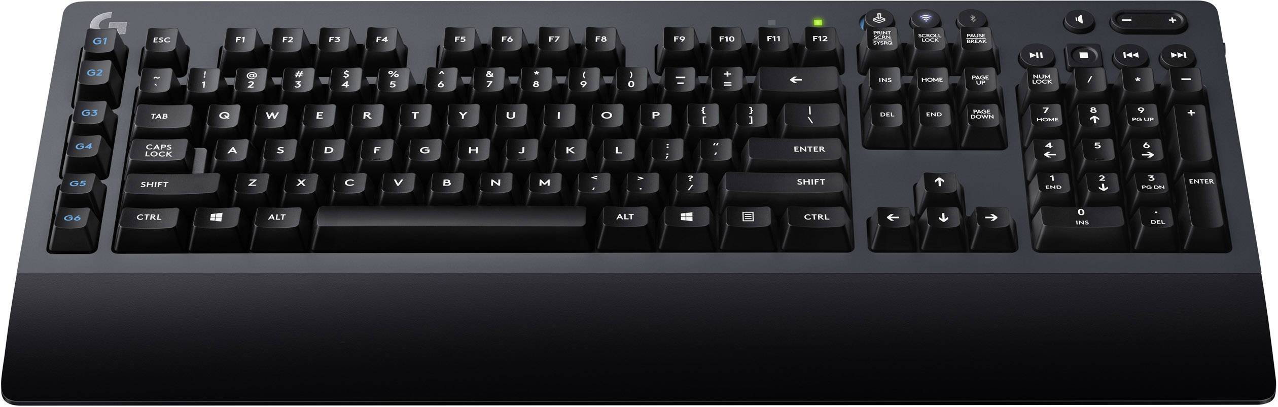 Eine schwarze, ergonomische Computer-Tastatur mit numerischem Tastenfeld. Sie zeigt Standard-Layout mit Funktionstasten, Zahlen und Buchstaben.