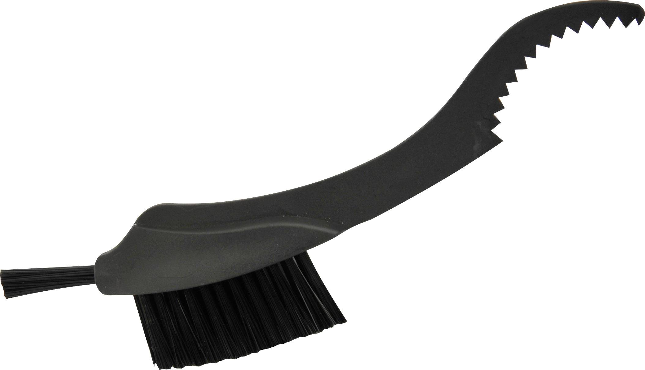 Schwarze Fahrradreinigungsbürste mit gekrümmtem Griff und Borsten, geeignet zum Entfernen von Schmutz und Ablagerungen an schwer zugänglichen Stellen.