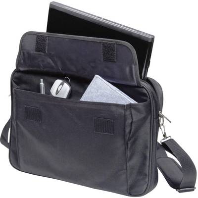 Eine schwarze Laptoptasche mit Schulterriemen, offen gezeigt mit Laptop, Notizbuch und zwei Stiften in den vorderen Fächern.