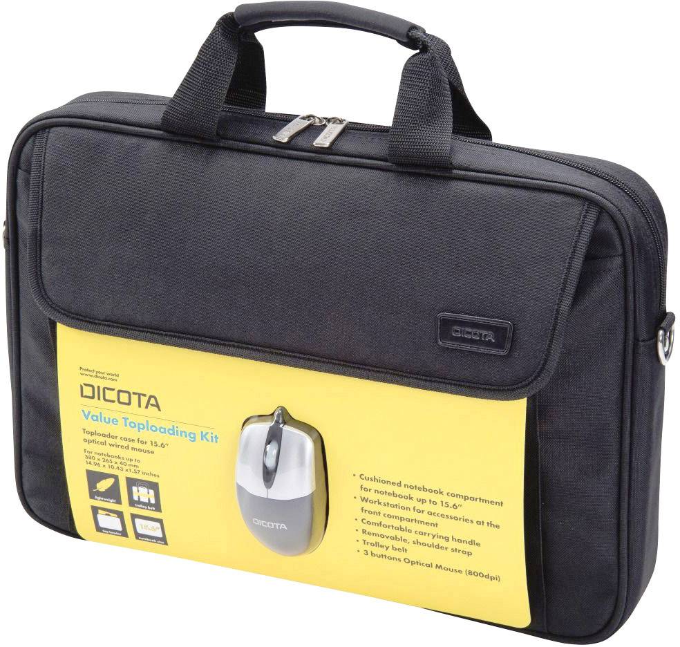 Schwarze Notebooktasche mit Griffen, abgebildet mit einem gelben Etikett mit 'DICOTA Value Toploading Kit'. Enthält eine optische Maus.