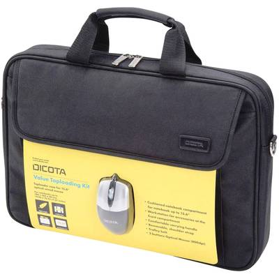 Schwarze Notebooktasche mit Griffen, abgebildet mit einem gelben Etikett mit 'DICOTA Value Toploading Kit'. Enthält eine optische Maus.
