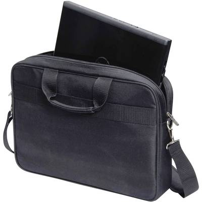 Schwarze Laptoptasche mit Schulterriemen, zeigt Laptop, der teilweise aus der offenen Tasche herausragt. Geeignet für den Transport.