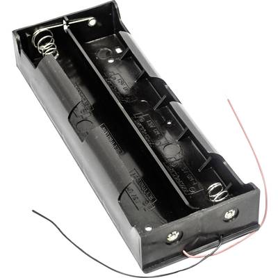 'Schwarz, rechteckiger Batteriefachhalter mit drei Batteriefächern, zwei Spiralfedern und roten und schwarzen Anschlussdrähten.'
