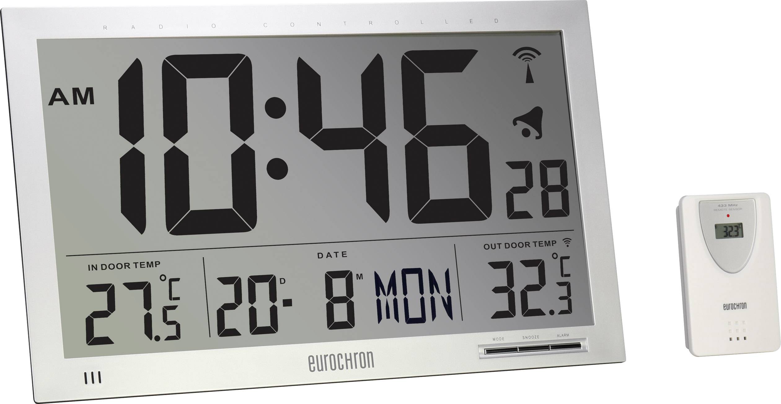 Digitaluhr und Thermometer. Anzeige der Uhrzeit '10:46 AM', Datum 'Montag, 20. August', Innentemperatur '27,5°C', Außentemperatur '32,3°C'.