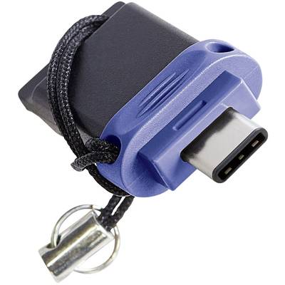 Ein USB-C-Stecker an einem schwarzen, blauen Adapter mit schwarzer Kordel und silbernem Schlüsselring.