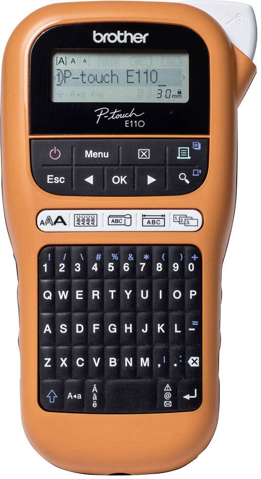 Ein mobiler Etikettendrucker mit orangefarbenem Gehäuse, QWERTZ-Tastatur und Display mit der Aufschrift 'P-touch E110'.