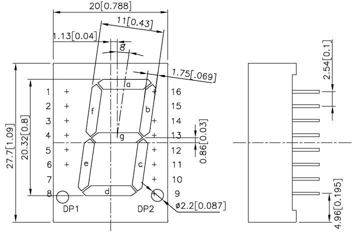 Technische Zeichnung eines 7-Segment-LED-Displays mit Abmessungen in Millimetern und Zoll, sowie Pin-Anordnung.