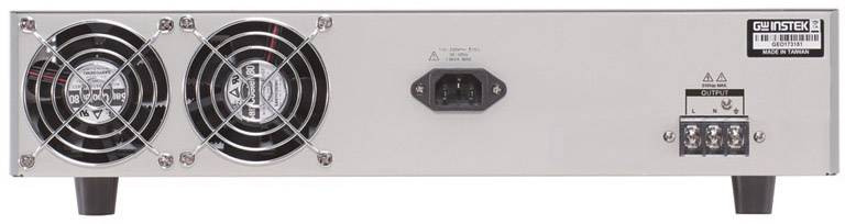 Rückansicht eines elektronischen Geräts mit zwei Lüftern und mehreren Anschlussmöglichkeiten, darunter Stromanschluss.