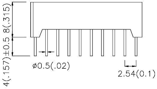 Technische Zeichnung eines elektronischen Bauteils mit Maßen: Breite 2,54 mm zwischen Pins, Höhe 4 mm, Durchmesser 0,5 mm.