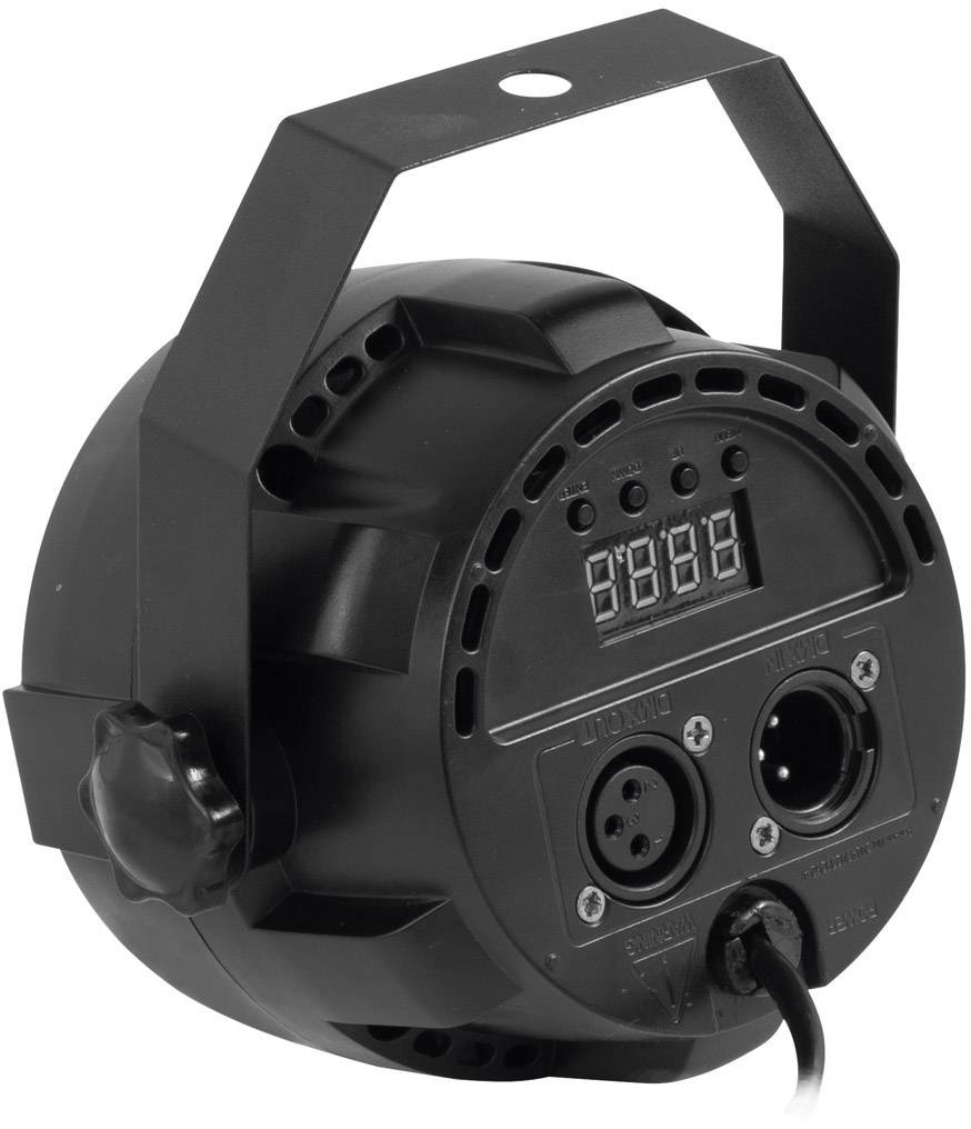 Ein schwarzes Bühnenlichtgerät mit Tragegriff, Anzeigeleiste und Anschlussbuchsen auf der Rückseite. Ideal für Bühnenbeleuchtung.