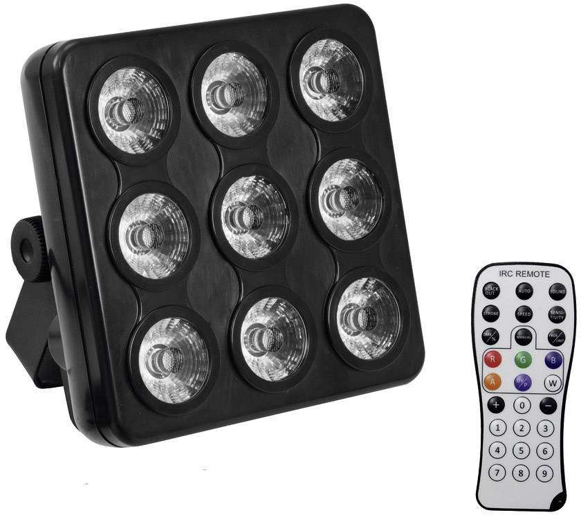 Schwarzes LED-Licht-Panel mit neun Linsen und einer Fernbedienung mit bunten Tasten. Ideal für Lichtsteuerung.