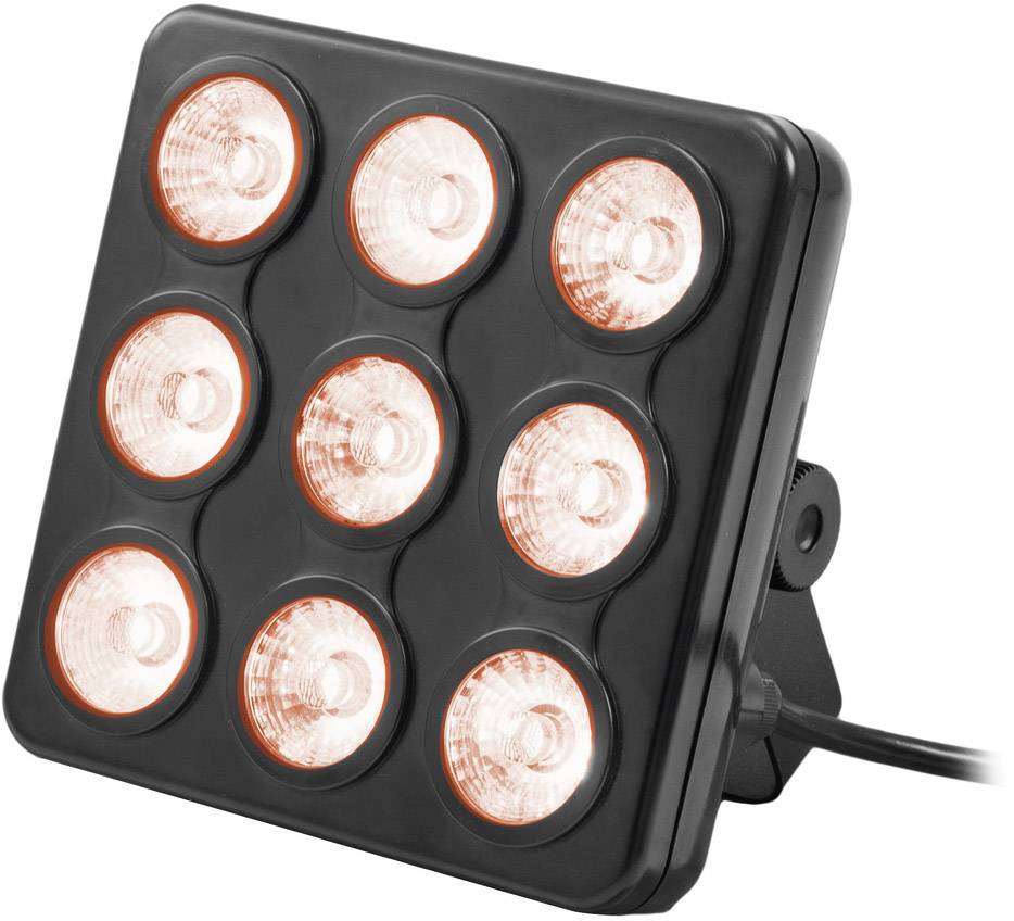 Leuchte mit neun runden, rot leuchtenden LED-Lampen in einem quadratischen, schwarzen Gehäuse, auf einem Ständer montiert.
