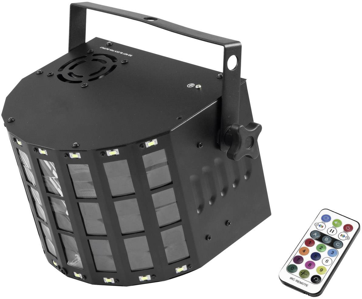 Schwarzer LED-Lichteffekt mit gebogener Front und mehreren Lichtaustrittsöffnungen, daneben eine Fernbedienung mit bunten Tasten.