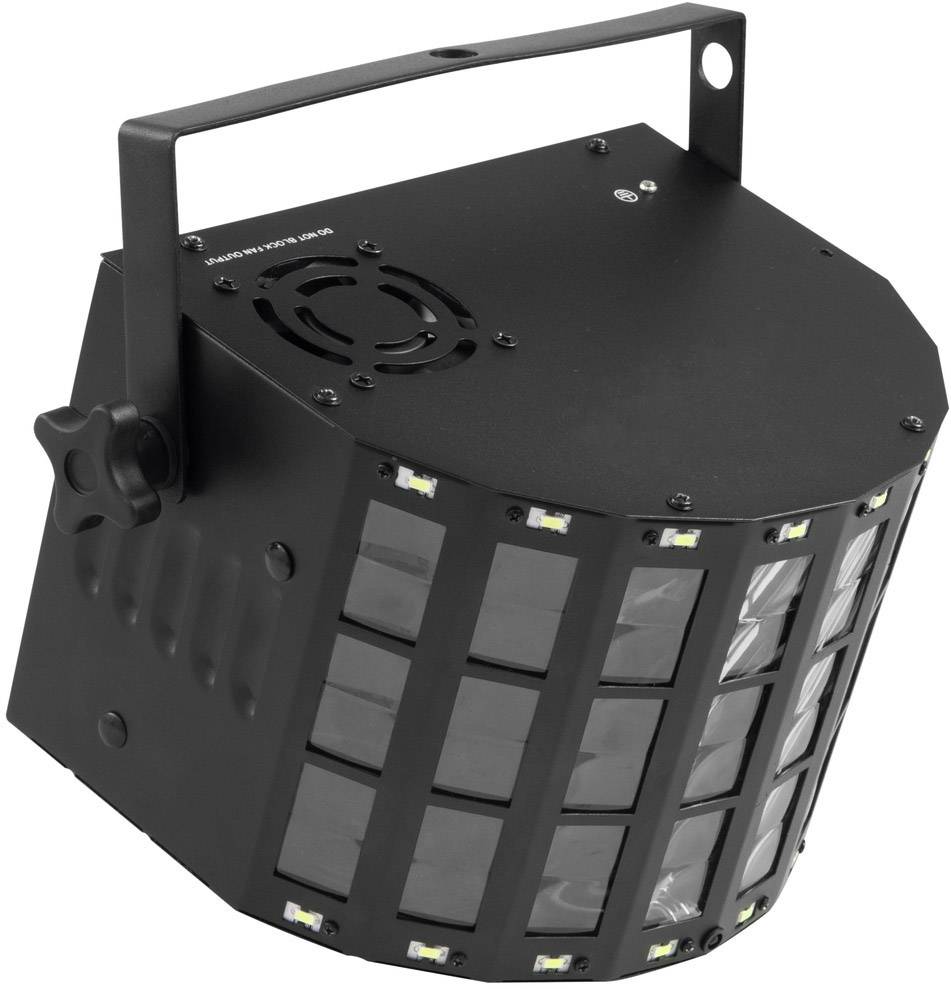 Ein schwarzes LED-Bühnenlicht mit mehreren rechteckigen Linsen und einem Griff, das für Beleuchtungseffekte bei Veranstaltungen genutzt wird.