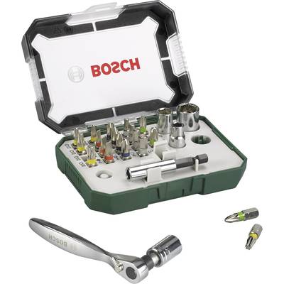 Bitsatz mit verschiedenen Bits und einer Ratsche in einer offenen Box; Marke BOSCH steht auf dem Etikett.