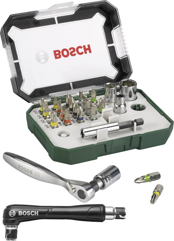 Bosch Accessories Promoline 2607017392 Bit-Set 27teilig Schlitz, Kreuzschlitz Pozidriv, Kreuzschlitz Phillips, Innen-Sechskant, Innen-Sechsrund (TX) inkl. Ratsche