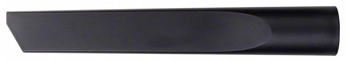 Ein schwarzes Kunststoff-Saugrohr für Staubsauger, mit flacher, schmaler Düse zur Reinigung von schwer zugänglichen Bereichen.