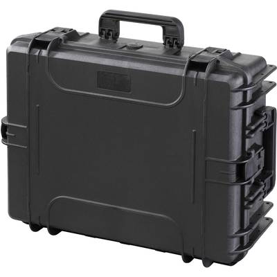 Schwarzer, robuster Hartschalenkoffer mit Tragegriff, Kunststoffoberfläche und verstärkten Ecken. Ideal für sicheren Transport.