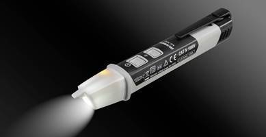 Ein berührungsloser Spannungsprüfer mit LED-Leuchte zeigt an, ob eine Leitung unter Spannung steht; geeignet für Spannungen bis 1000V.