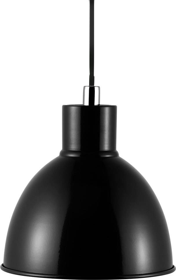 Schwarze Deckenlampe mit halbkugelförmigem Schirm und geradem, schmalem Aufhängestab. Ideal für moderne Inneneinrichtungen.
