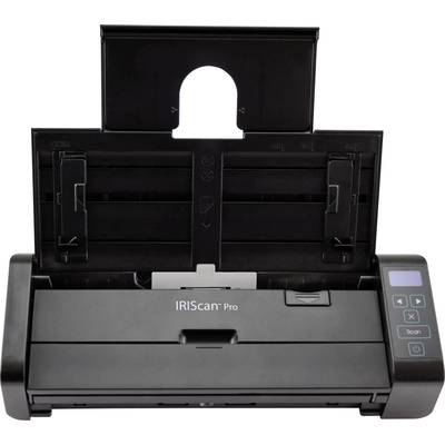 Ein tragbarer Dokumentenscanner mit offenem Papierfach, blauer Einschalttaste und Scan-Taste. Markenname 'IRISCan Pro' auf der Vorderseite.