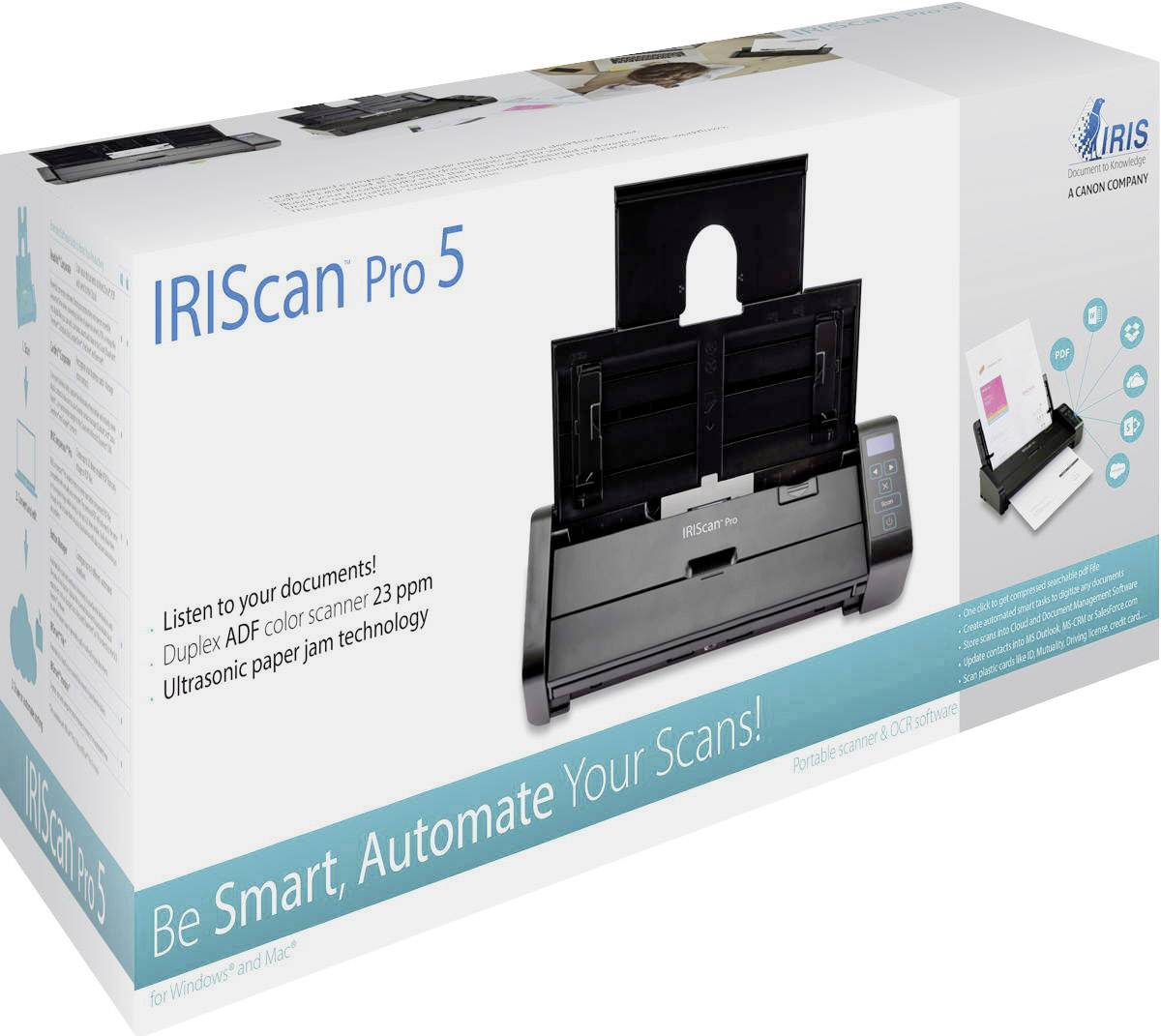 Verpackung eines IRIScan Pro 5 Duplex-Scanners, zeigt das Gerät und seine Funktionen. Text 'Be Smart, Automate Your Scans!' aufgedruckt.