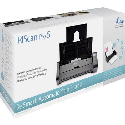 Verpackung eines IRIScan Pro 5 Duplex-Scanners, zeigt das Gerät und seine Funktionen. Text 'Be Smart, Automate Your Scans!' aufgedruckt.