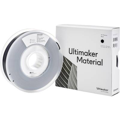 Eine Spule mit 3D-Drucker-Filament neben der Verpackung. Die Verpackung zeigt das Ultimaker-Logo und die Filament-Details.