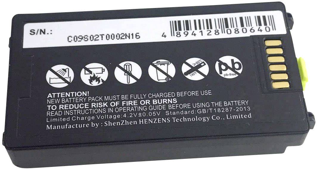 Schwarzer Akku mit Warnhinweis: 'Attention! New battery pack must be fully charged before use to reduce risk of fire or burns.'