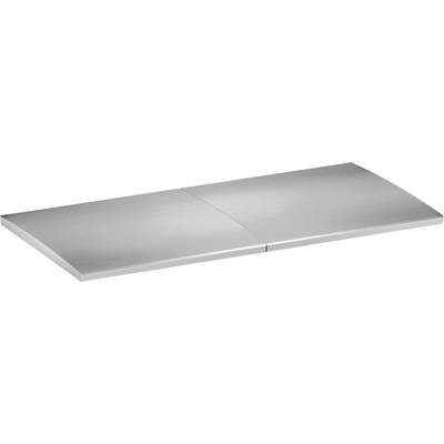 Flache, rechteckige Edelstahlplatte mit glattem, glänzendem Finish, bestehend aus zwei nebeneinander liegenden Segmenten.