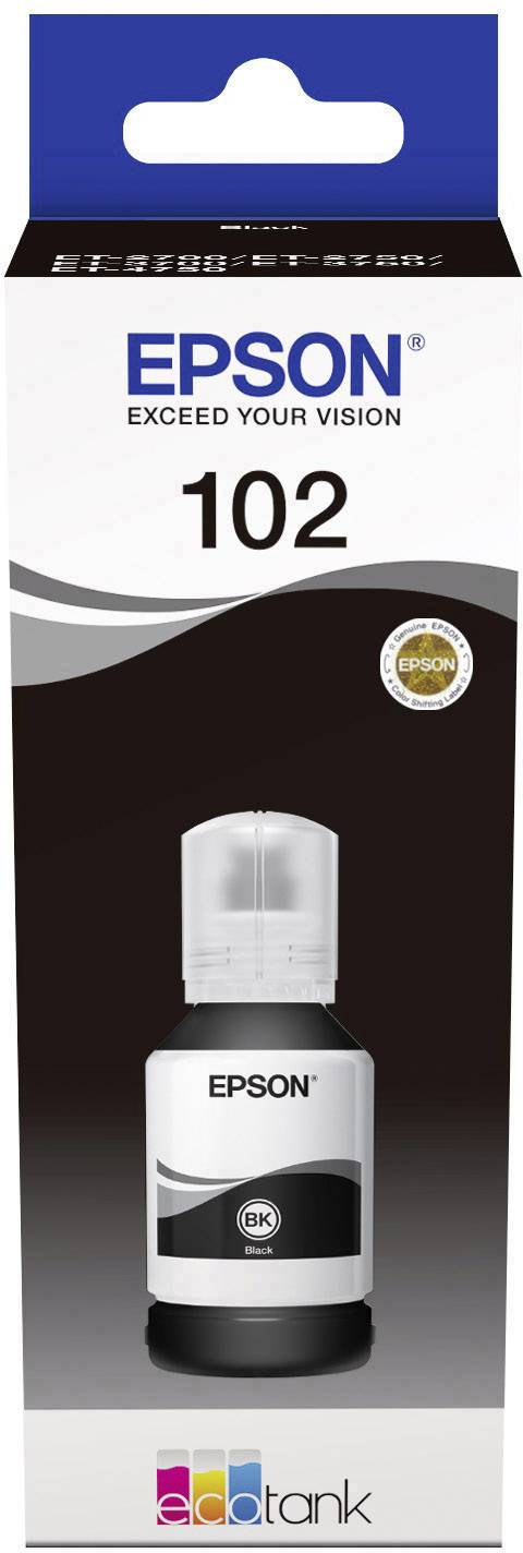Eine schwarze Epson 102 Tintenflasche in Originalverpackung, mit der Aufschrift 'Exceed Your Vision' und dem EcoTank-Logo.