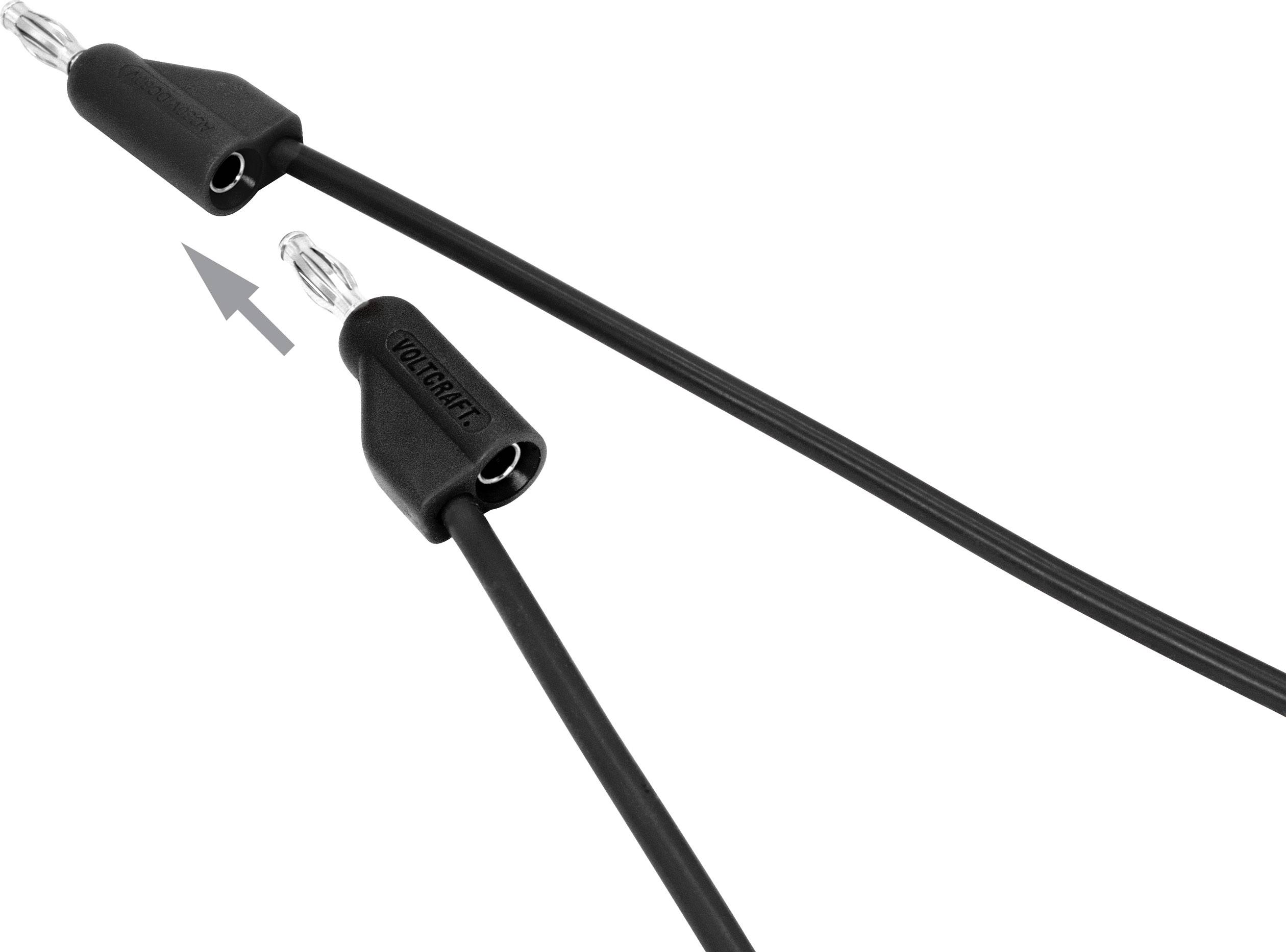 Ein schwarzes Kabel mit zwei Steckern; einer zeigt auf den anderen mit einem grauen Pfeil.