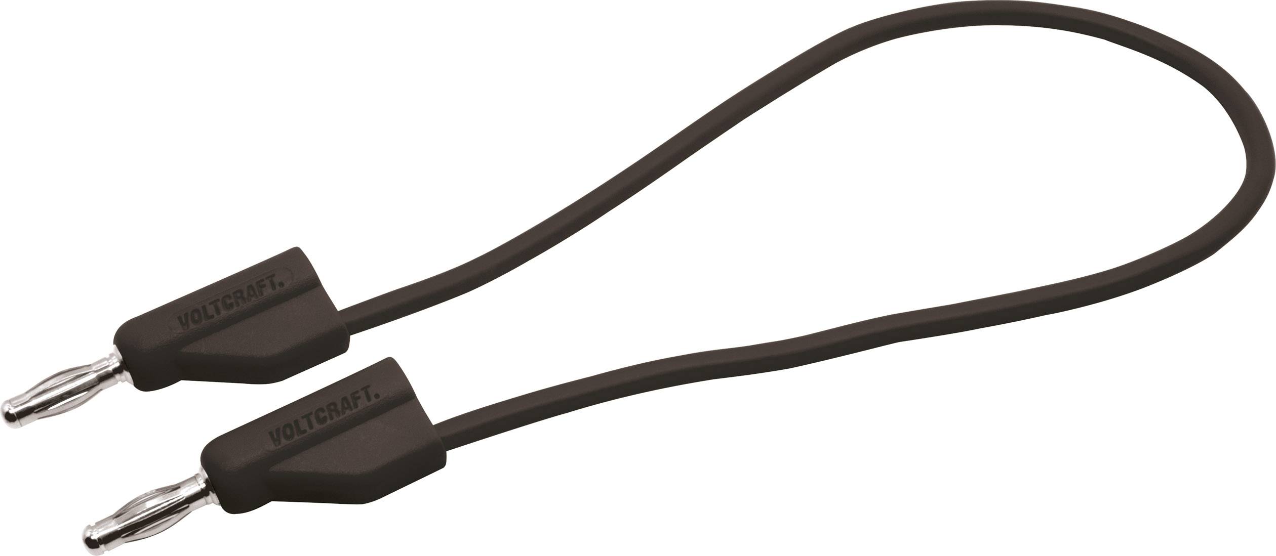 Ein schwarzes Bananenstecker-Kabel mit zwei Steckern, auf denen 'Voltcraft' steht. Verwendet für elektrische Verbindungen.