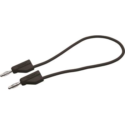 Ein schwarzes Bananenstecker-Kabel mit zwei Steckern, auf denen 'Voltcraft' steht. Verwendet für elektrische Verbindungen.
