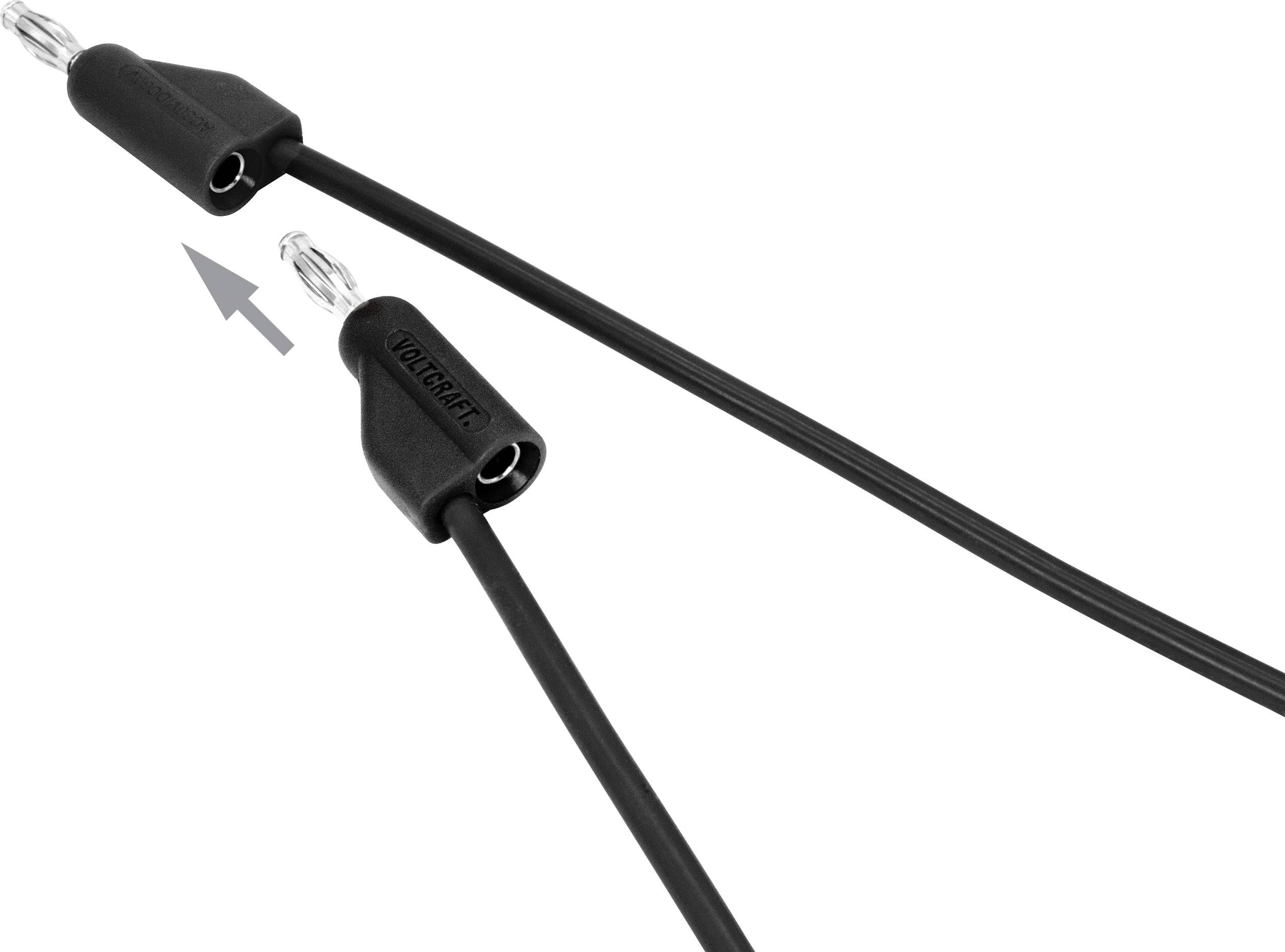 'Zwei schwarze Kabel mit einem Stecker und einer Buchse. Ein Pfeil zeigt auf die Verbindungsmöglichkeit zwischen den beiden Enden.'