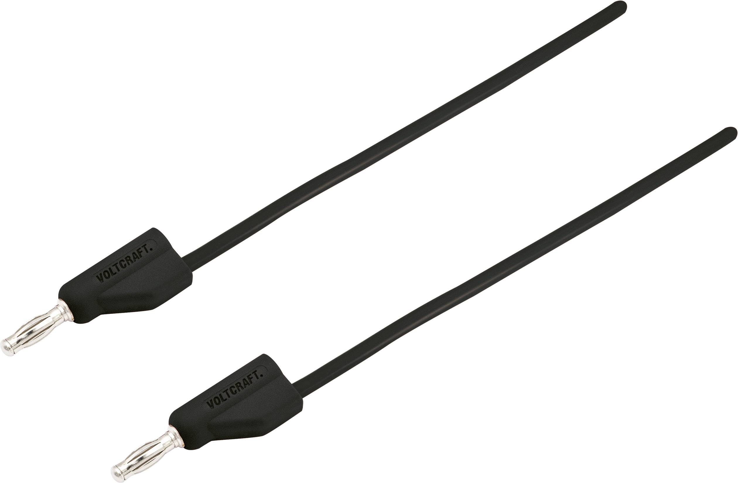 'Schwarze Bananenstecker mit Anschlusskabeln, zwei Stück. Geeignet für elektrische Verbindungen und Tests.'