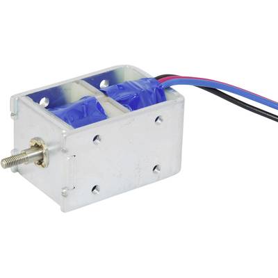 Ein kleiner, rechteckiger Elektromotor mit Metallgehäuse, blauer Isolierung und drei farbigen Drähten.