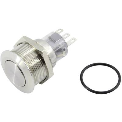Metallischer Drucktaster mit drei Anschlüssen und einem schwarzen Dichtungsring, geeignet für elektronische Anwendungen.