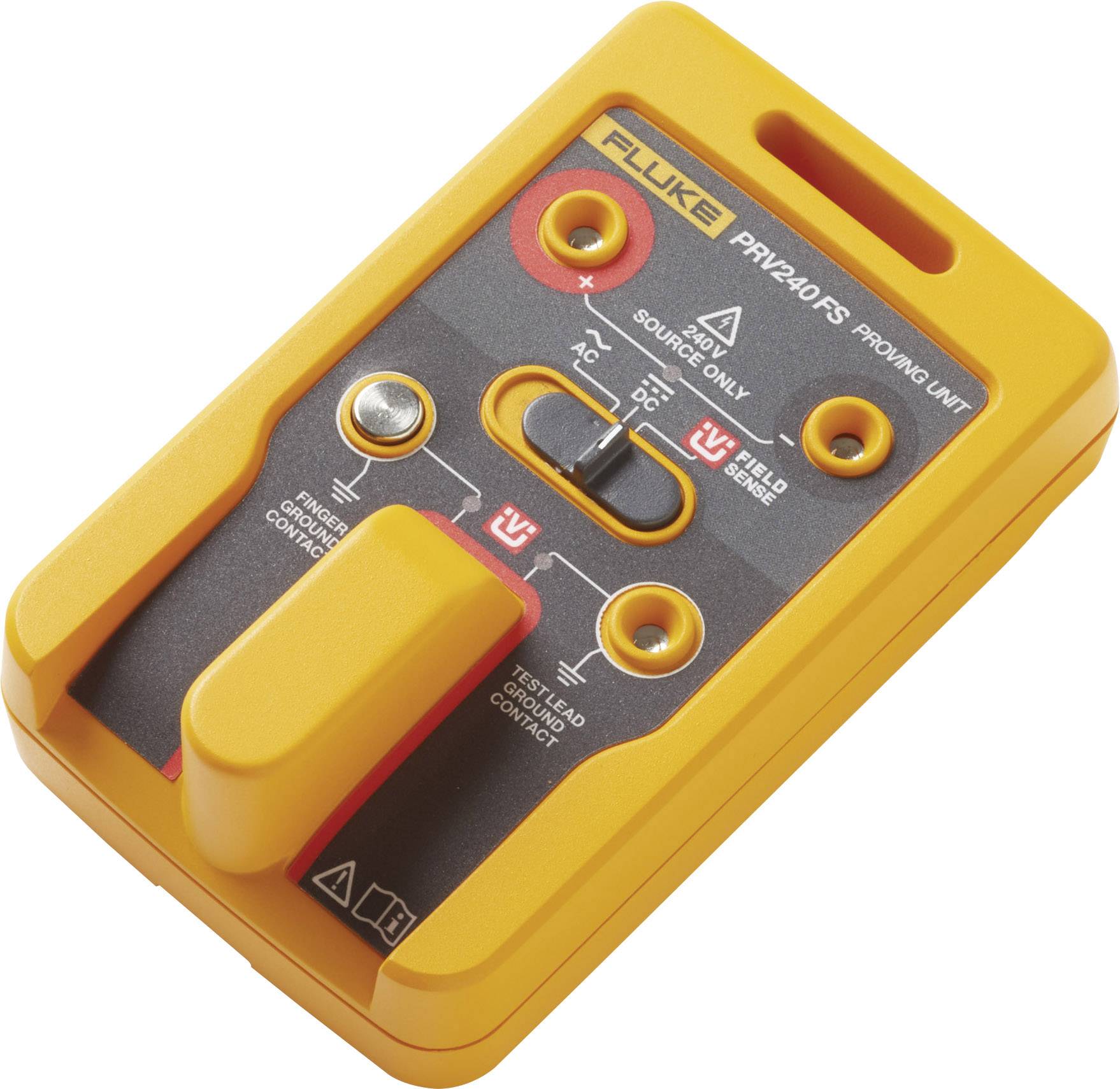 Ein gelbes Prüfgerät mit Anzeige für Spannung. Es hat Anschlüsse und Schalter für sichere elektrische Tests.