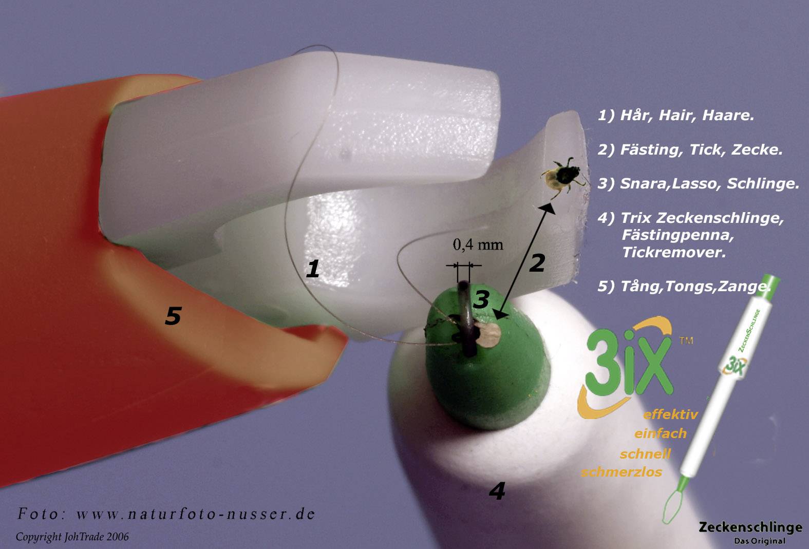 Ein grünes Zeckenentfernungsgerät mit Anleitung in verschiedenen Sprachen zur Entfernung von Zecken, dargestellt in Schritt-für-Schritt-Illustration.