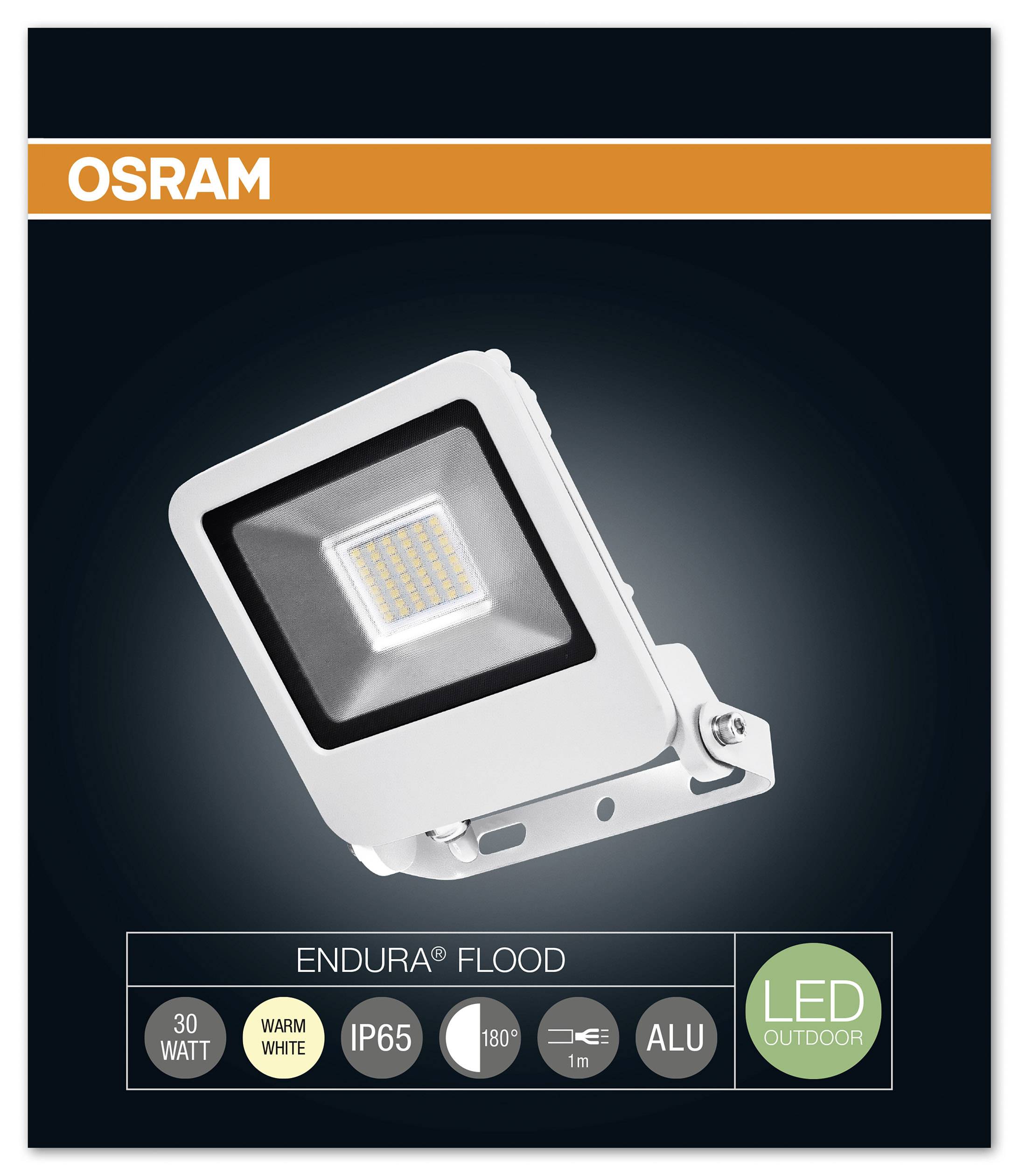 LED-Außenstrahler 'Endura Flood' von Osram, 30 Watt, warmweiße Beleuchtung, IP65, Aluminium-Gehäuse, 180° Abstrahlwinkel.