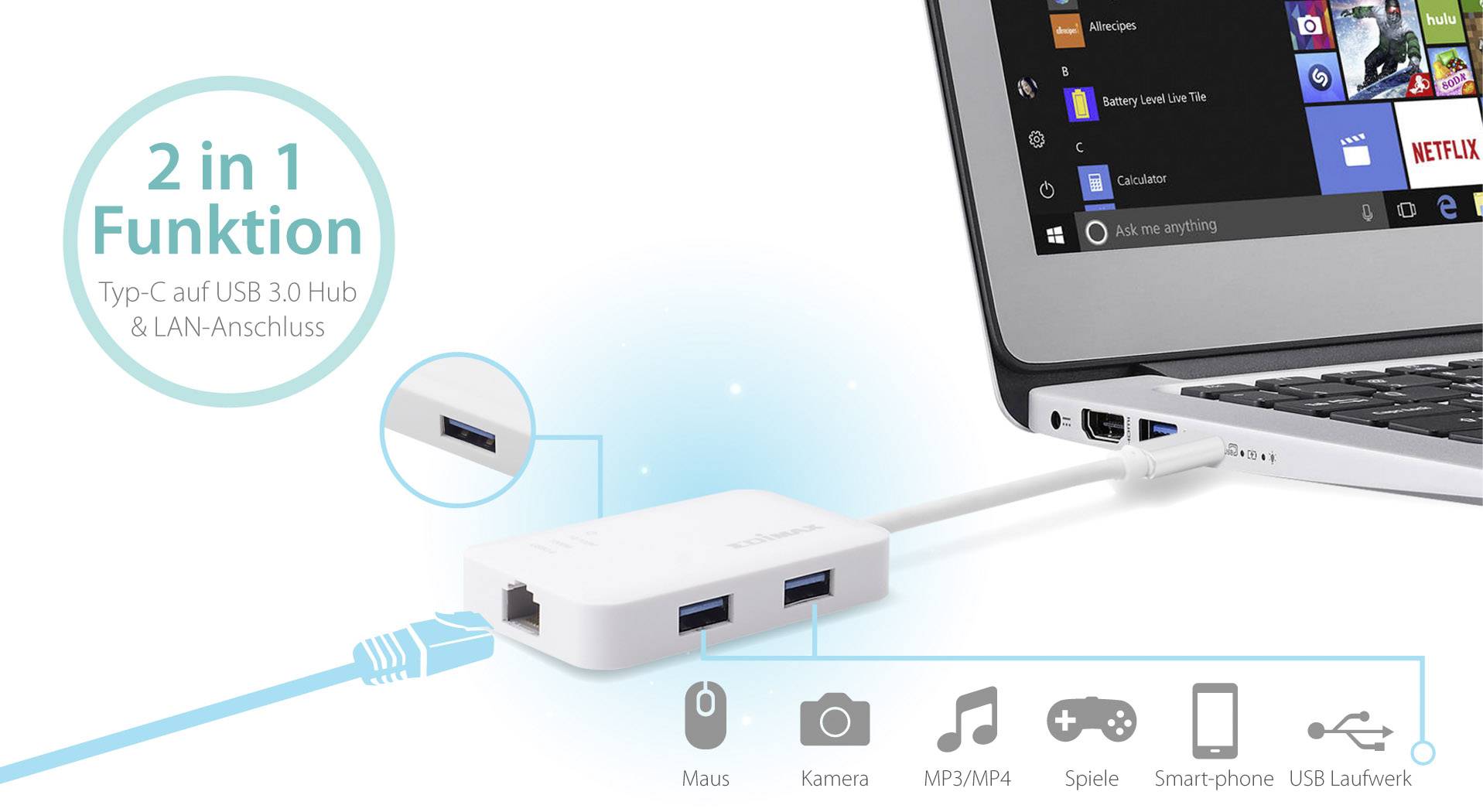 'USB-C-Adapter an Laptop angeschlossen. Text: 2 in 1 Funktion – Typ-C auf USB 3.0 Hub & LAN-Anschluss. Symbole für Gerätekompatibilität.'