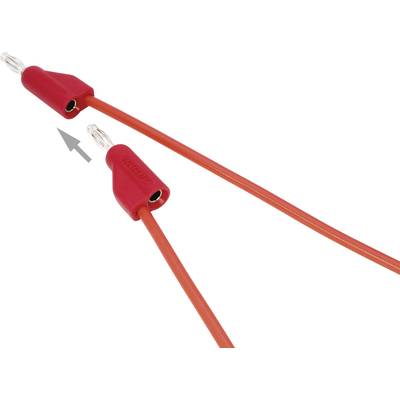 Zwei rote Kabel mit Bananensteckern und Buchsen, verbunden durch einen Pfeil gezeigt. Geeignet für elektrische Verbindungen.