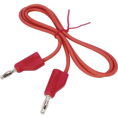 Rotes Verbindungskabel mit Bananensteckern an beiden Enden, geeignet für elektronische Anwendungen oder Laboreinsätze.