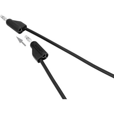 'Zwei schwarze Kabel mit Steckverbindungen. Ein Kabel zeigt auf das andere, und beide haben geprägte Aufschriften.'