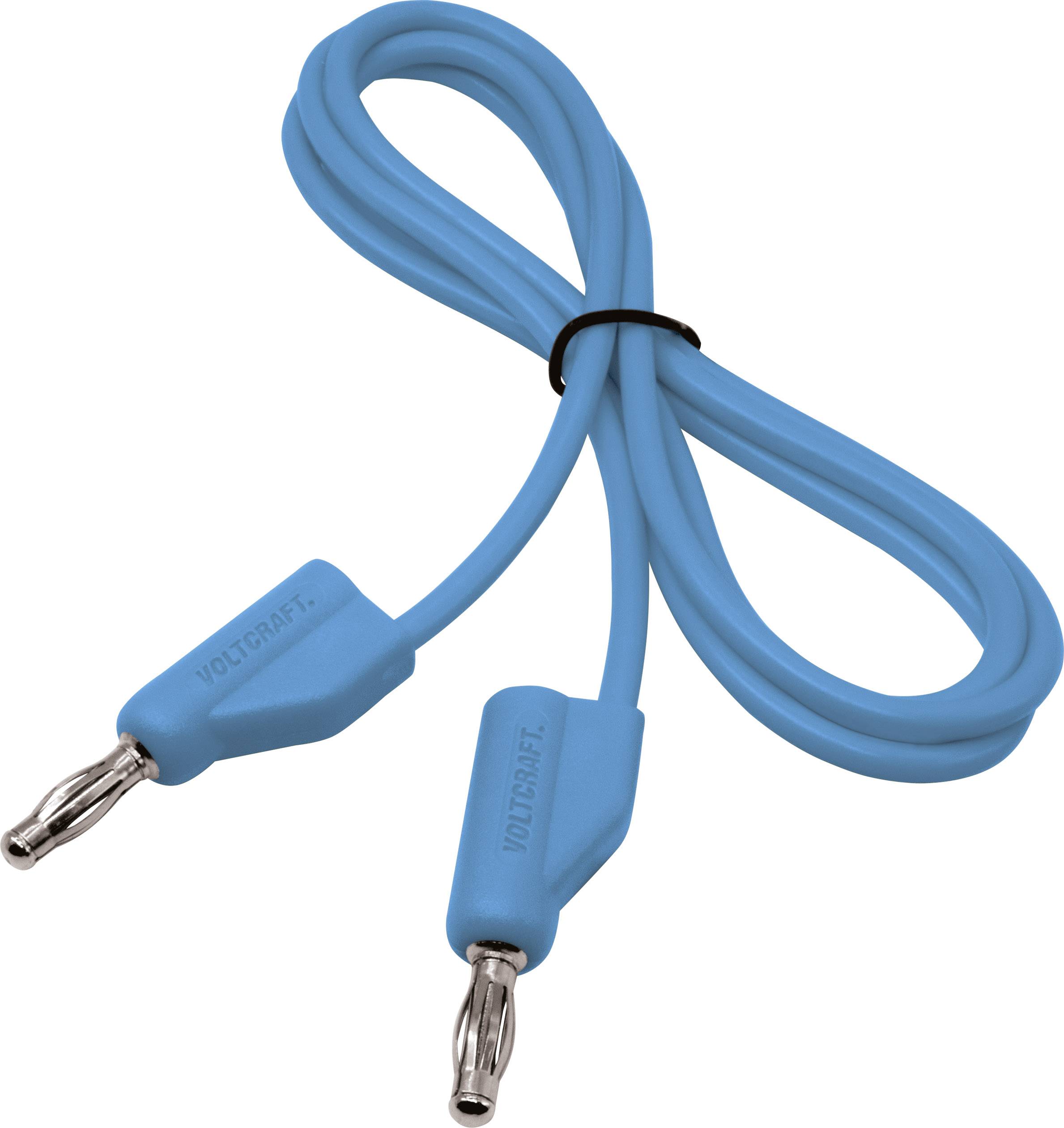 Blaues Verbindungskabel mit zwei Bananensteckern an den Enden, geeignet für elektronische Anwendungen.
