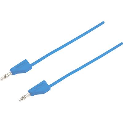 Zwei blaue Bananenstecker mit langen Kabeln, geeignet für elektrische Verbindungen oder elektronische Messgeräte.