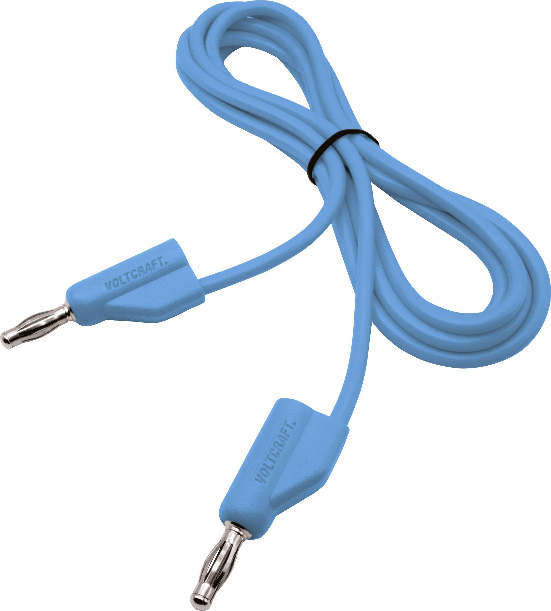 Ein blaues elektrisches Kabel mit zwei Metallsteckern an den Enden.