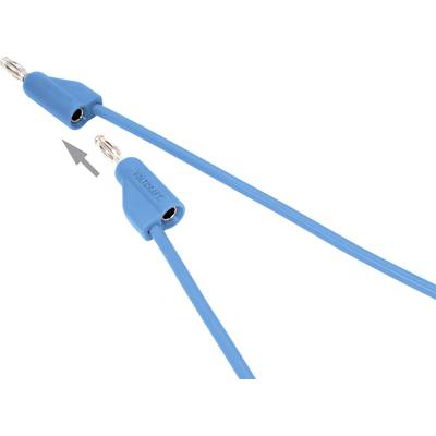 Zwei blaue Bananenstecker mit einem Pfeil, der auf die Metallspitze eines Steckers zeigt.